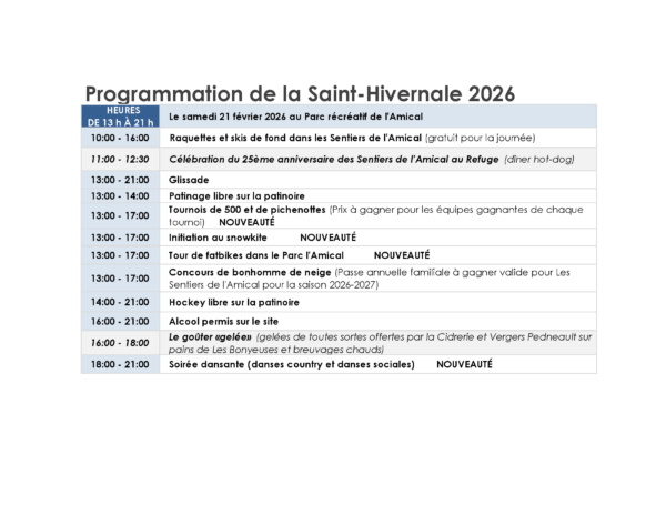 Horaire de la Fête hivernale de Saint-Hilarion en 2026