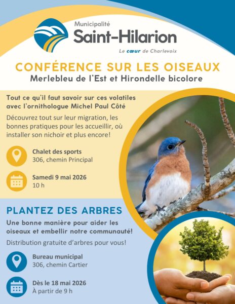 Conférence sur le Merlebleu de l'Est et l'hirondelle bicolore à Saint-Hilarion. 