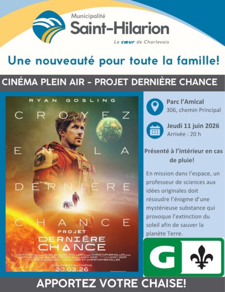 Cinéma en plein air à Saint-Hilarion sur un écran géant de 25 pieds. Présentation du film Projet dernière chance
