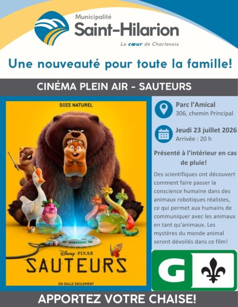 Cinéma en plein air à Saint-Hilarion le jeudi 23 juillet à 20 h! Présentation du film de Disney Sauteurs!