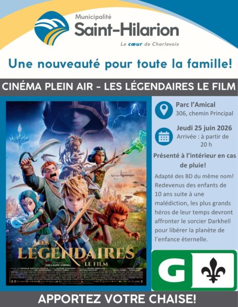 Cinéma en plein air dans le parc à Saint-Hilarion le jeudi 25 juin 2026. Voyez le film Les légendaires qui est adapté de la série BD du même nom.  