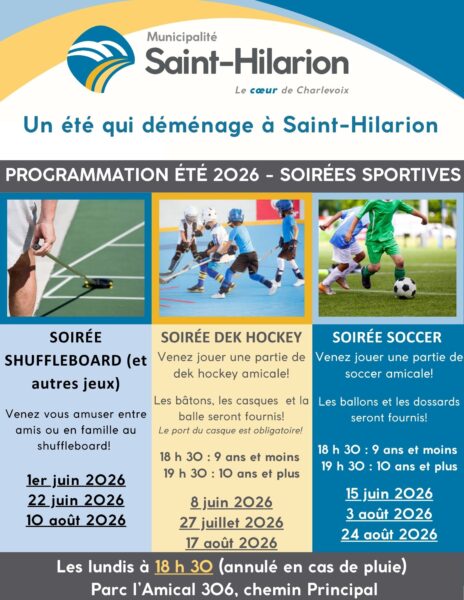 programmation d'été 2026 de la municipalité de Saint-Hilarion. Des soirées sportives sont au rendez-vous!