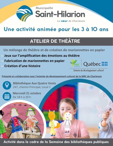 atelier de théâtre et de fabrication de marionnettes en papier à la Bibliothèque Aux Quatre Vents de Saint-Hilarion le mercredi 21 octobre