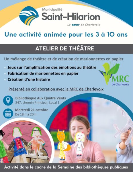 Atelier de théâtre dans le cadre de la Semaine des bibliothèques publiques le 21 octobre 2026 à 18 h à Saint-Hilarion