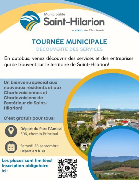 Tournée municipale des services et des entreprises de SAint-Hilarion le samedi 26 septembre à 9 h 30! 