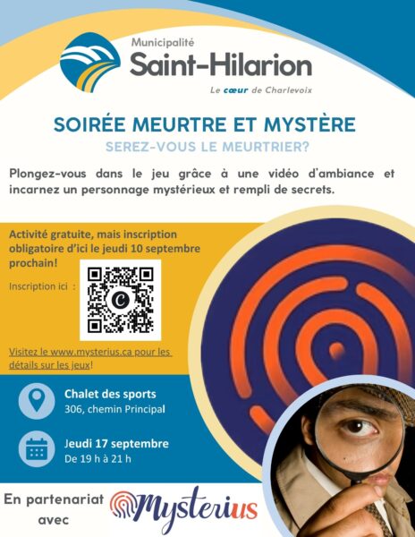 Soirée meurtre et mystère gratuite à Saint-Hilarion le jeudi 17 septembre prochain à 19 h!