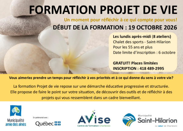Projet de pilote avec AVISE CHARLEVOIX pour les aînés de 55 et plus. Formation Projet de vie! 